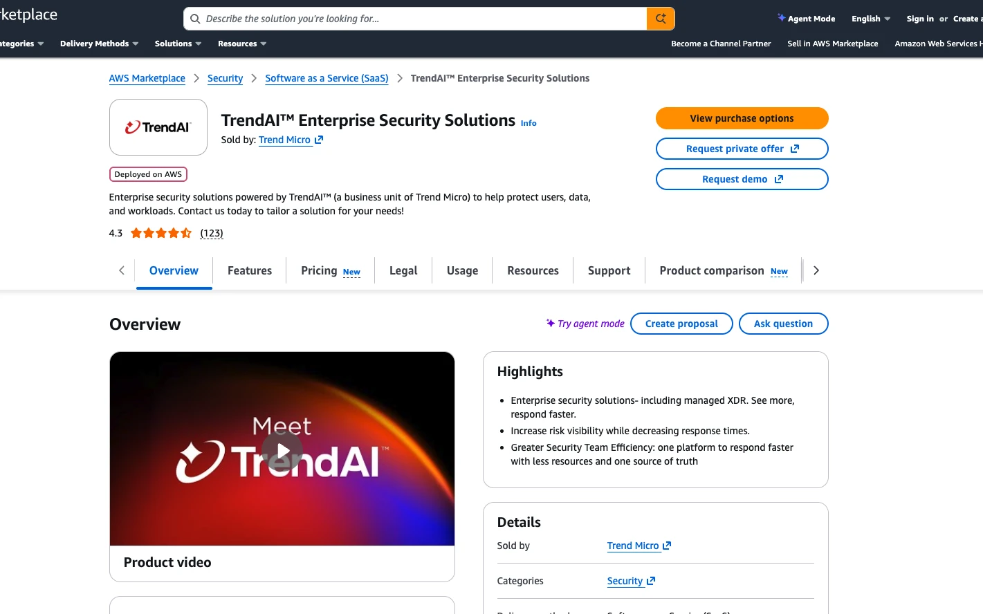 An AWS Marketplace product detail page showing the unified PDP template